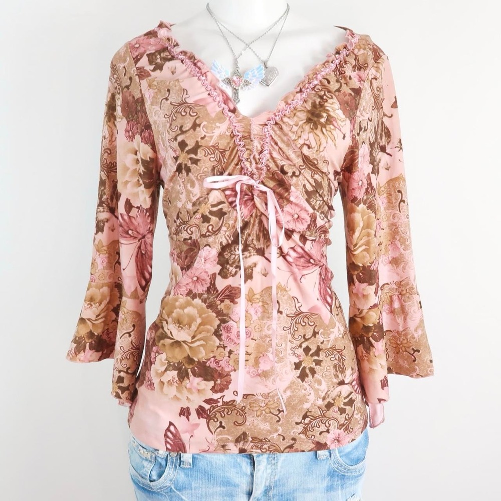 vintage no boundaries pink floral tie front babydoll top y2k fairycore
